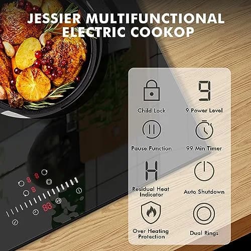 Jessier 24 Inch 3 Burner Electric Cooktop 5200W 220-240V Radiant Ceramic Glass | Built-in Hardwired Installation thumbnail 2