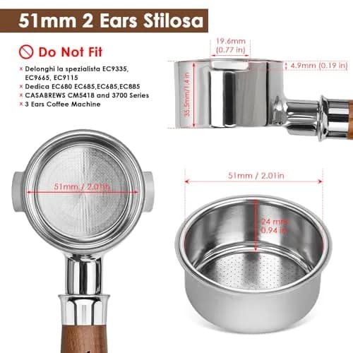 YMWVH 51mm Bottomless Portafilter 2 Ear for De-longhi ECP3420/EC155/BCO430/EC260 | Real-Time Brew Control thumbnail 2
