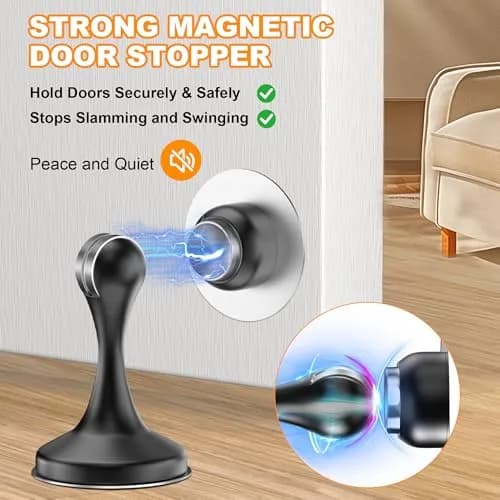 Crosize Magnetic Door Stoppers 4 Pack, Stainless Steel Door Holder with Adhesive Tape | Modern Black Finish thumbnail 2