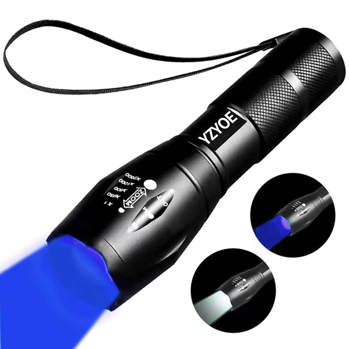 YZYOE 365nm UV Black Light Flashlight 12.5cm (4.92in) | Powerful Rechargeable Detection Lamp — Blue
