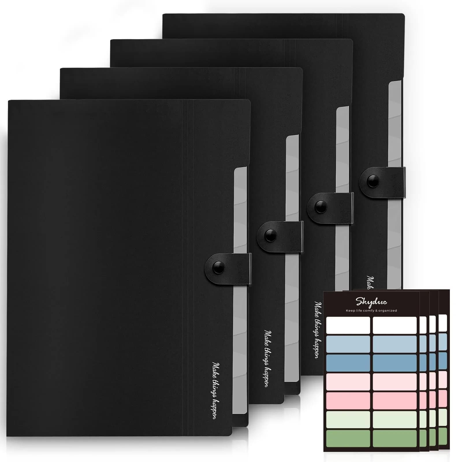 SKYDUE Expanding File Folders with Labels, 4-Pack Black | Portable A4 Letter Size Document Organizer