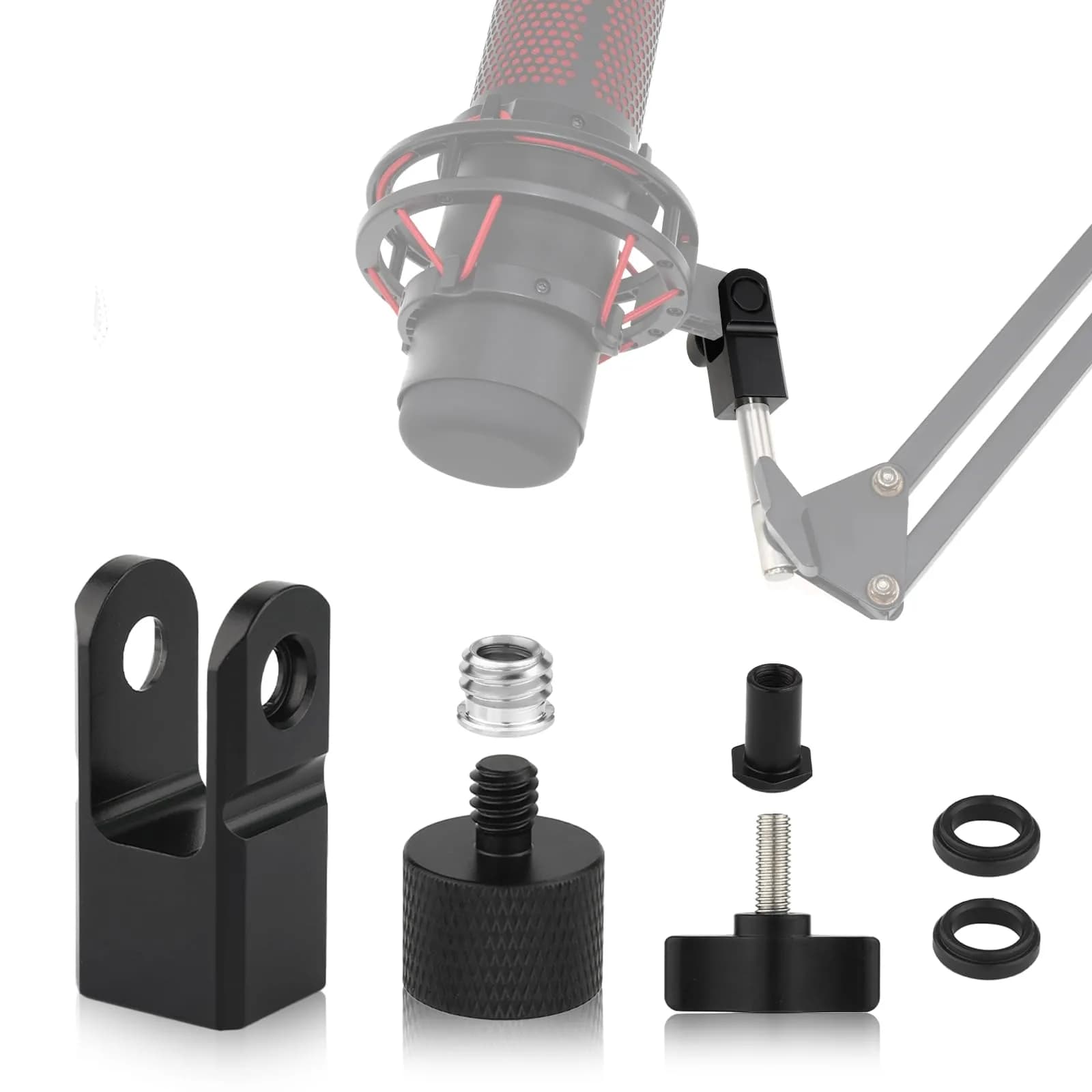 SAVITA Microphone Mount Adapter with 3/8" & 1/4" Screw Adapters for HyperX QuadCast, Black | Durable Metal Construction for Boom Arms — Black