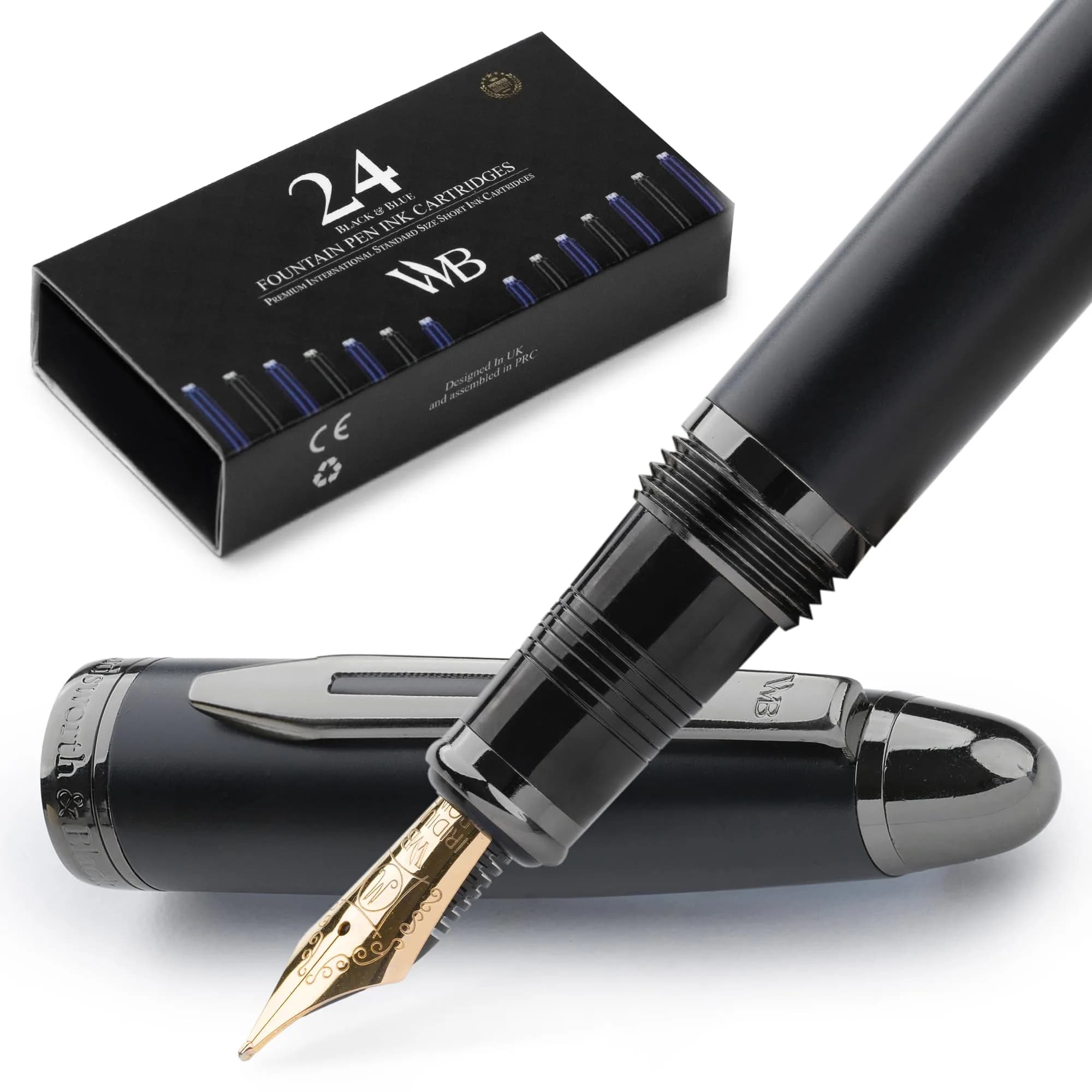 Wordsworth & Black Majesti Luxury Fountain Pen Set with Medium Nib | Brass, Black Lacquer, German Iridium Nib, 24 Ink Cartridges - main product image