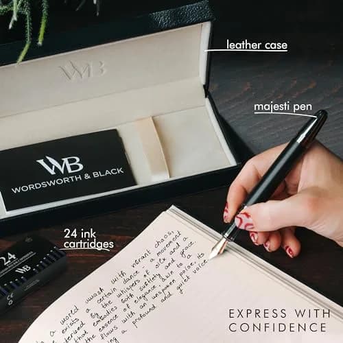 Wordsworth & Black Majesti Luxury Fountain Pen Set with Medium Nib | Brass, Black Lacquer, German Iridium Nib, 24 Ink Cartridges thumbnail 3