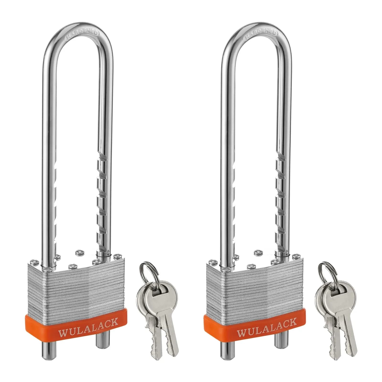 WULALACK Padlock with Key, Laminated Steel, 2 inch Wide, Adjustable Shackle, Long Shackle, 2 Keys - main product image