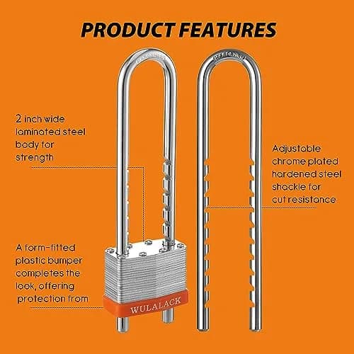 WULALACK Padlock with Key, Laminated Steel, 2 inch Wide, Adjustable Shackle, Long Shackle, 2 Keys thumbnail 3