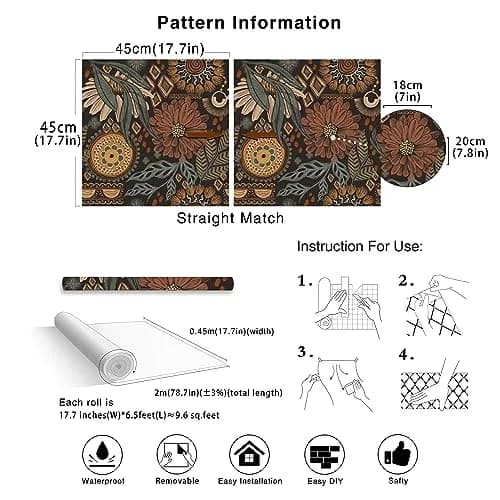 HAOKHOME Boho Floral Peel and Stick Wallpaper 17.3in x 6.6ft | Vintage Botanical DIY Decor thumbnail 9