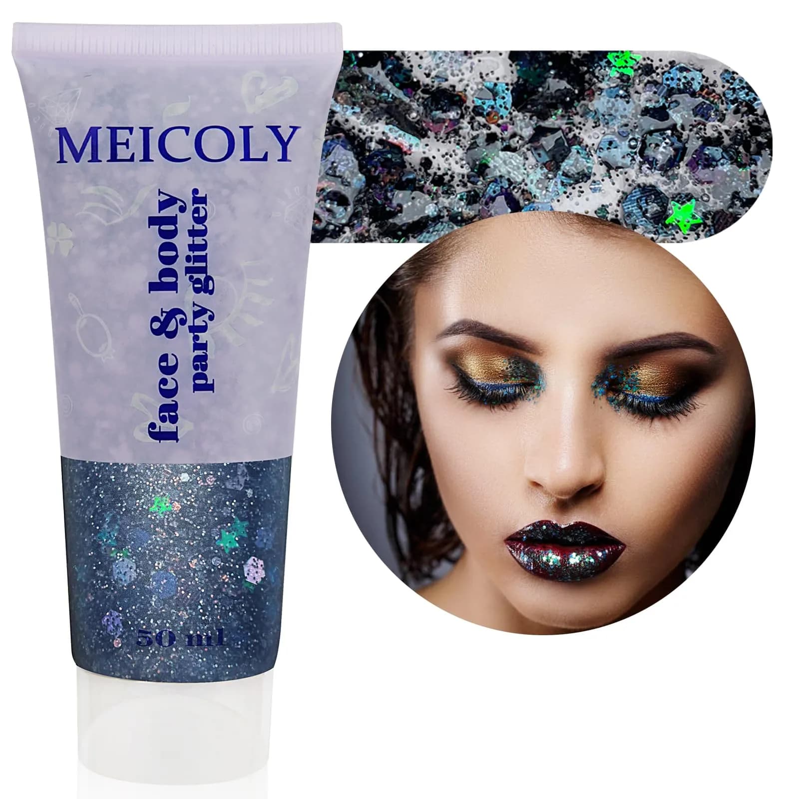 MEICOLY Green Chunky Glitter Gel 50ml (1.7 Fl Oz) | Self-Adhesive Face Body Hair Glitter for Festivals — face glitter gel black