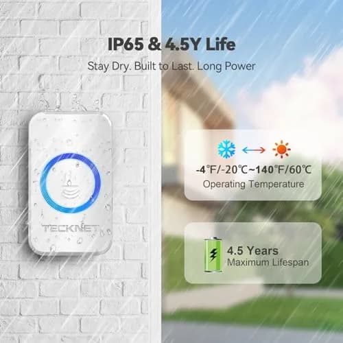 TECKNET Wireless Doorbell Kit with 1300ft Range & 60 Chimes | White (1 Transmitter & 1 Receiver) thumbnail 4