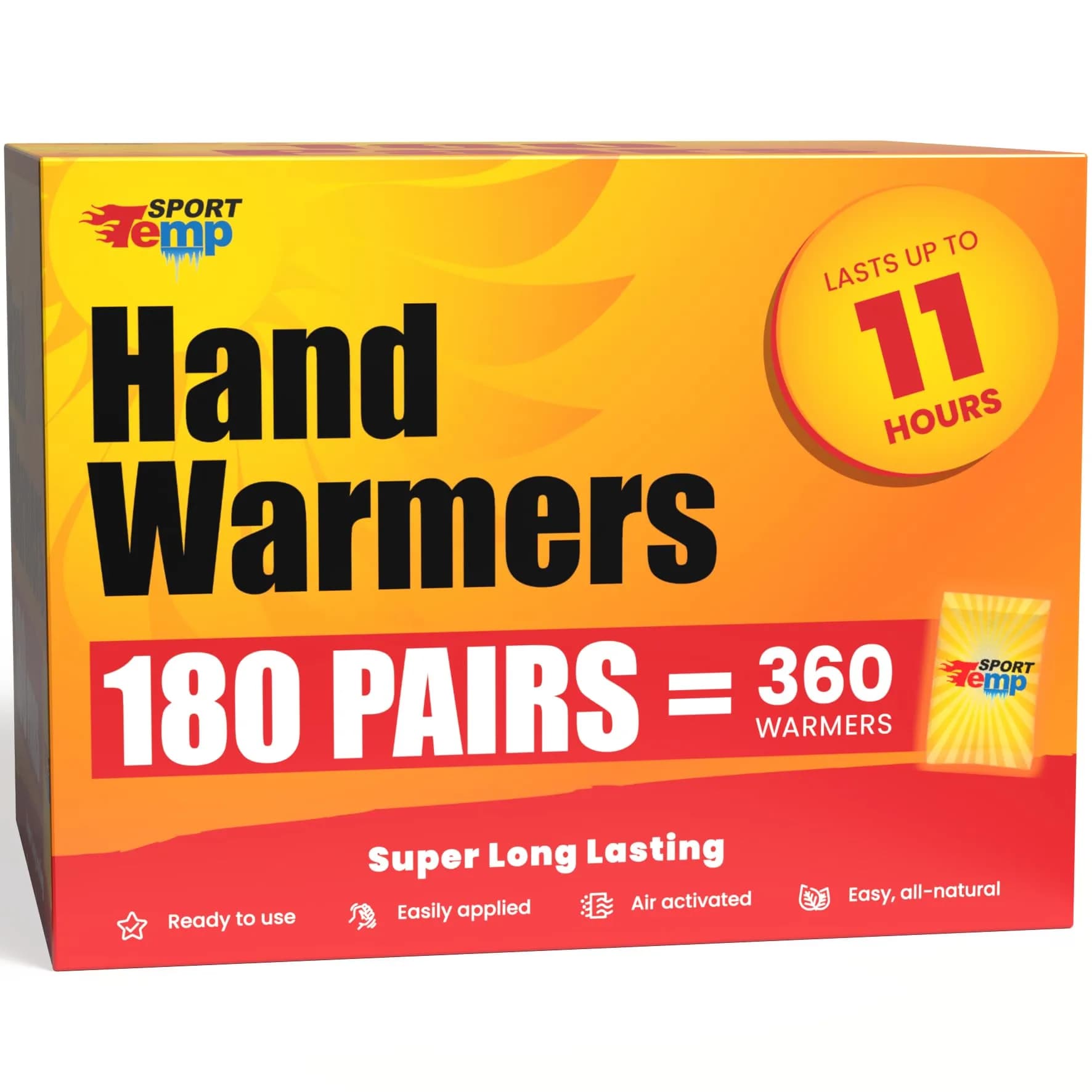 Sport Temp Hand Warmers 180 Pairs (360 Count) | Up to 11 Hours Heat | Air Activated Disposable Warmers