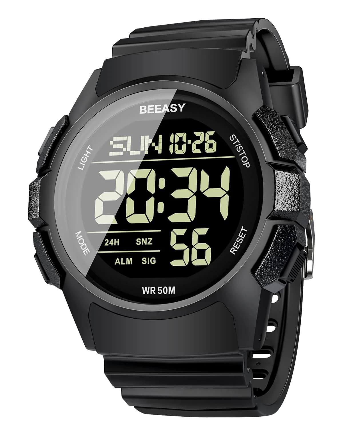 Beeasy Men's Digital Sports Watch 49mm Black | 50M Waterproof Stopwatch Countdown Timer Dual Time — Black Dial