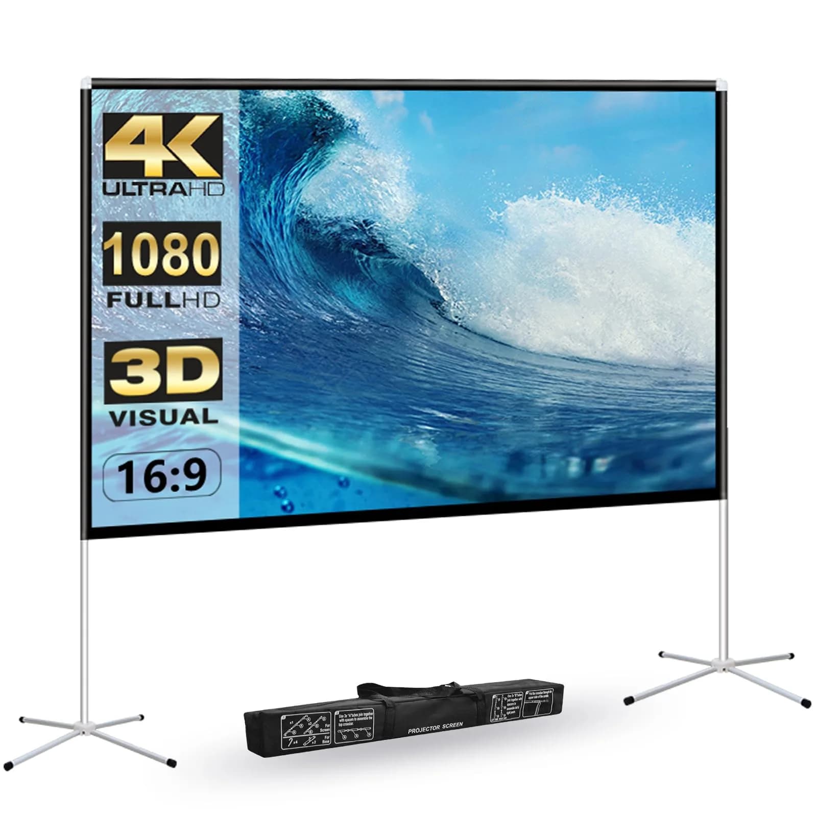 AODIOU 120 Inch Portable Projector Screen with Stand & Carry Bag | Wrinkle-Free HD 4K Outdoor Movie Screen