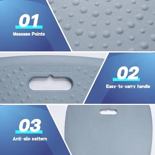 ergohead 3/4 inch anti fatigue standing desk mat, portable small standing pad with handle, waterproof kitchen floor mat with massage points, denim, 17" x 22" | Comfort & Support thumbnail 3