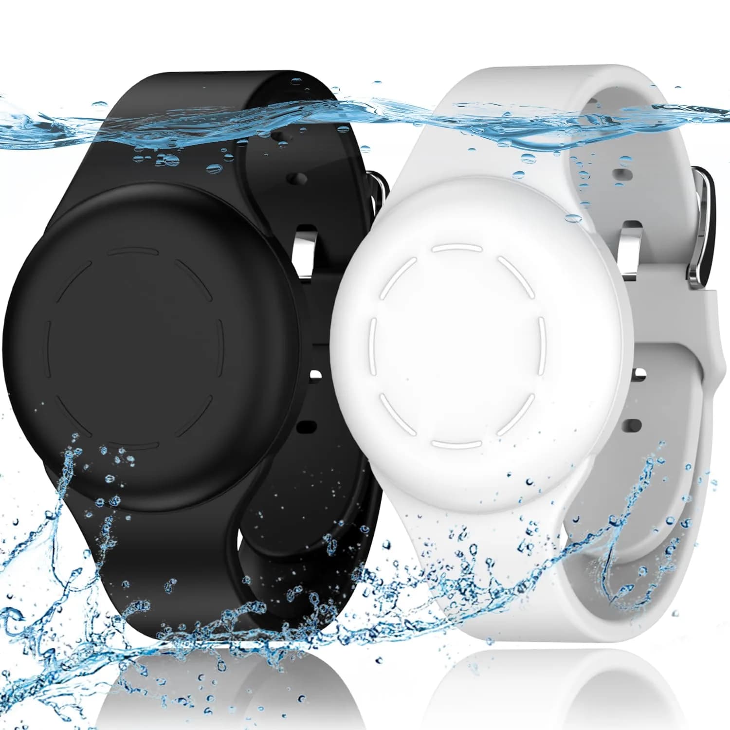 R-fun Waterproof AirTag Watch Bracelet for Kids, Night Blue/Black, 2 Pack | Secure GPS Tracker Holder — Black/White