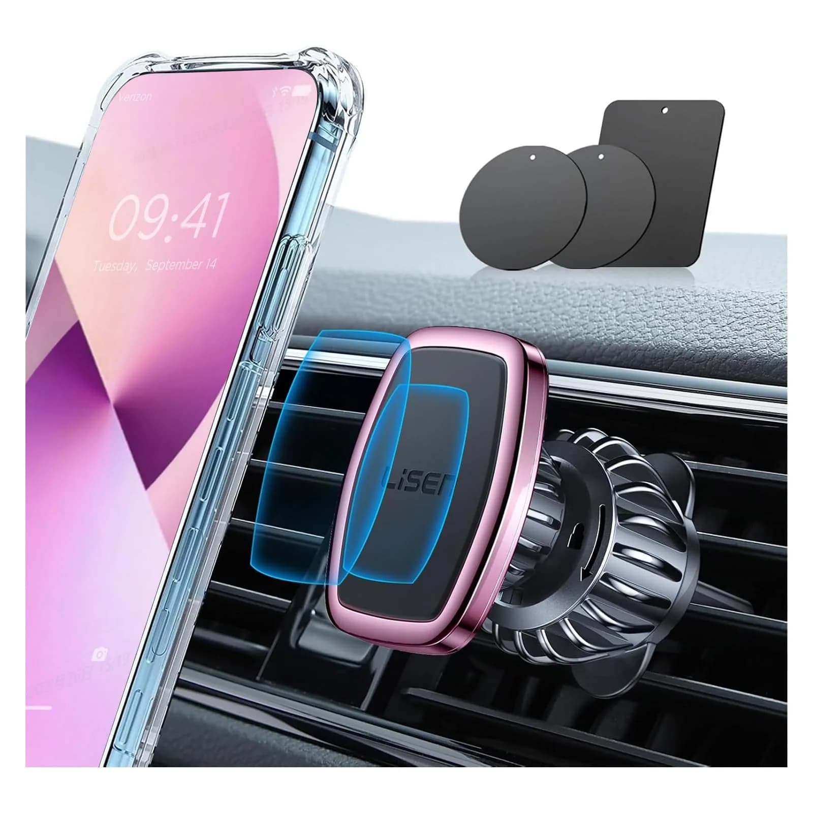 LISEN Magnetic Phone Holder for Car, Black Vent Mount with 6 Strong Magnets | Secure Grip for Smartphones — Pink