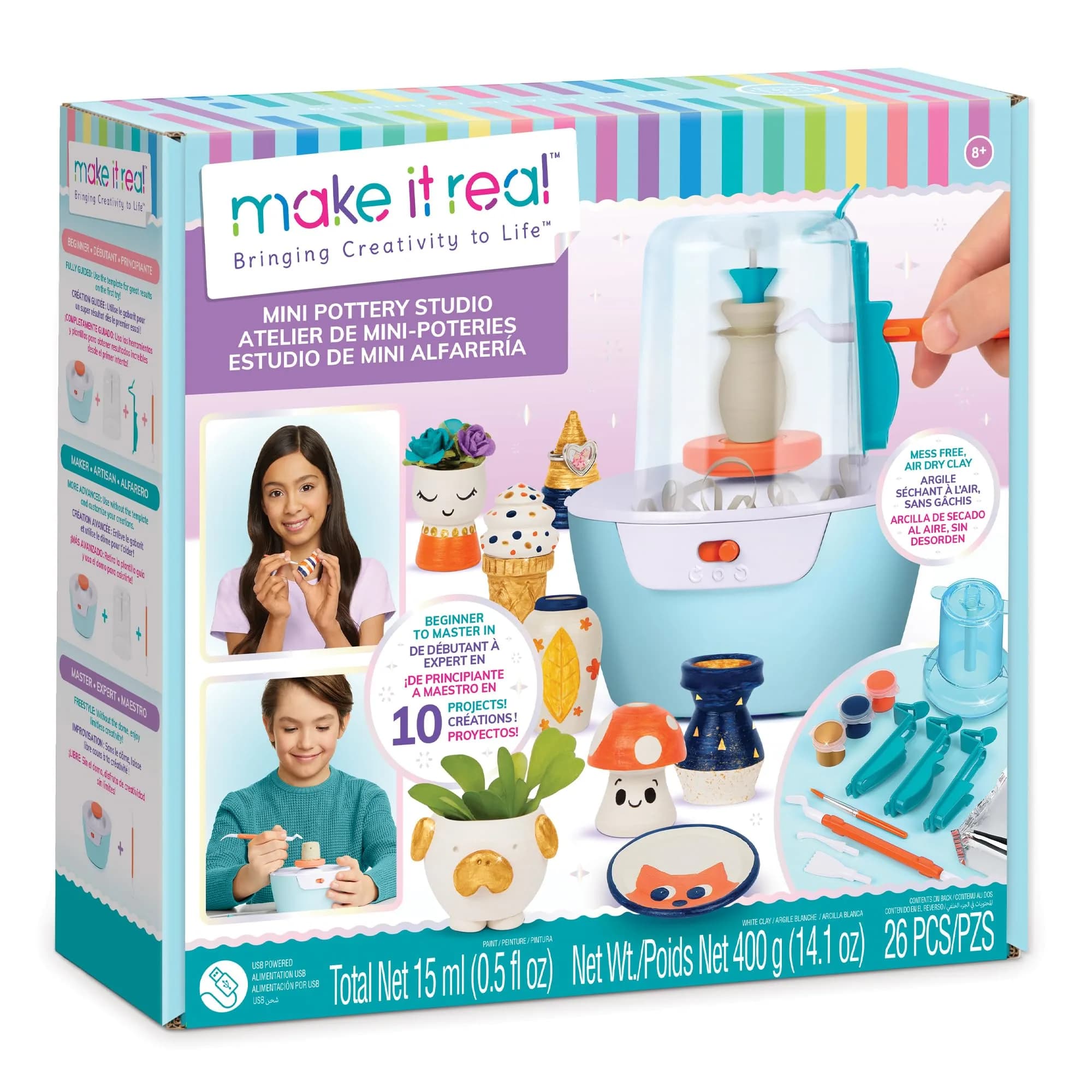 Make It Real Mini Pottery Studio - 26-Piece DIY Kit with Air Dry Clay | Beginner to Master Levels