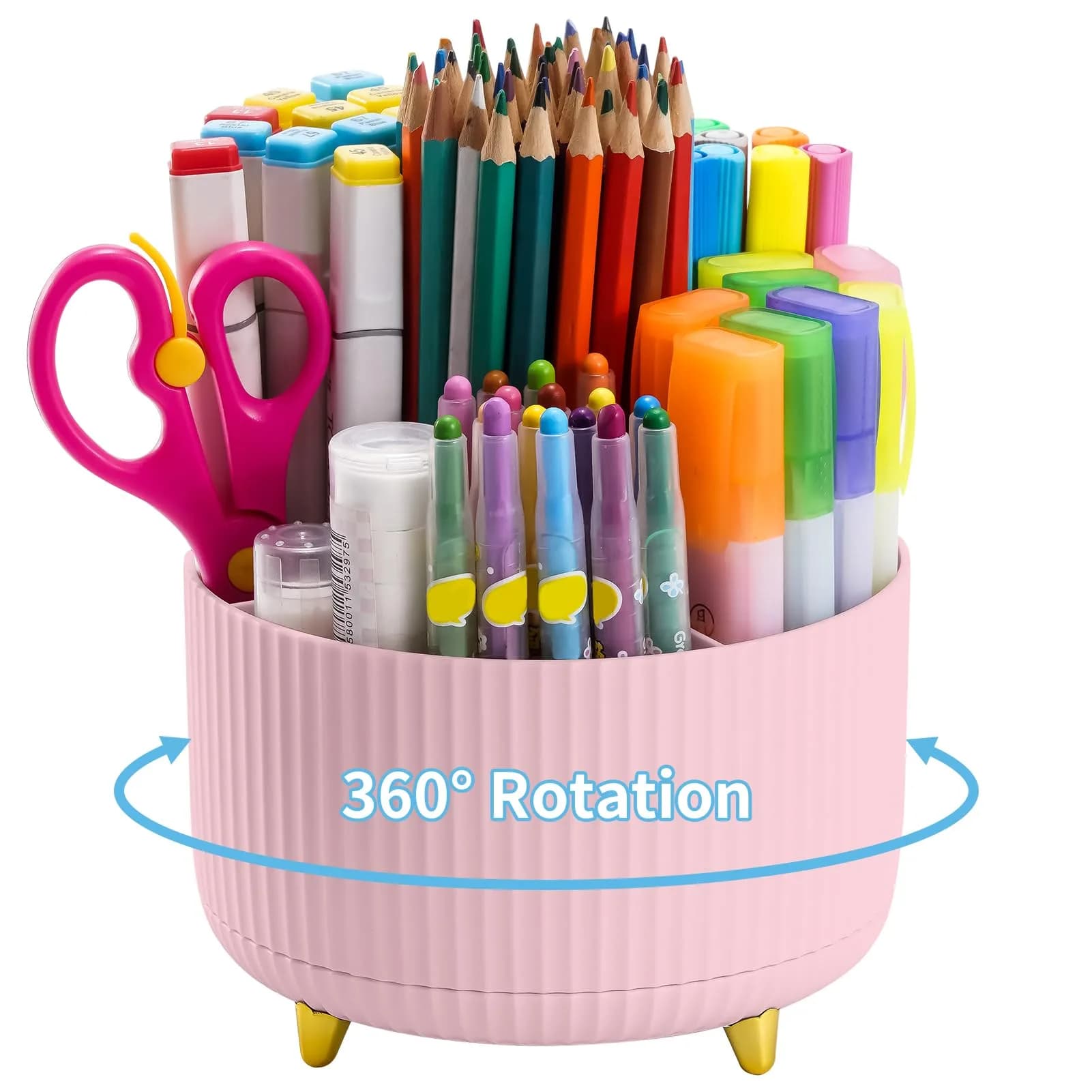 Marbrasse 360 Rotating Desk Organizer Caddy 14.7cm (5.79") | 5 Compartments for Pens, Art Supplies, Office & Home — Pink/Purple Random