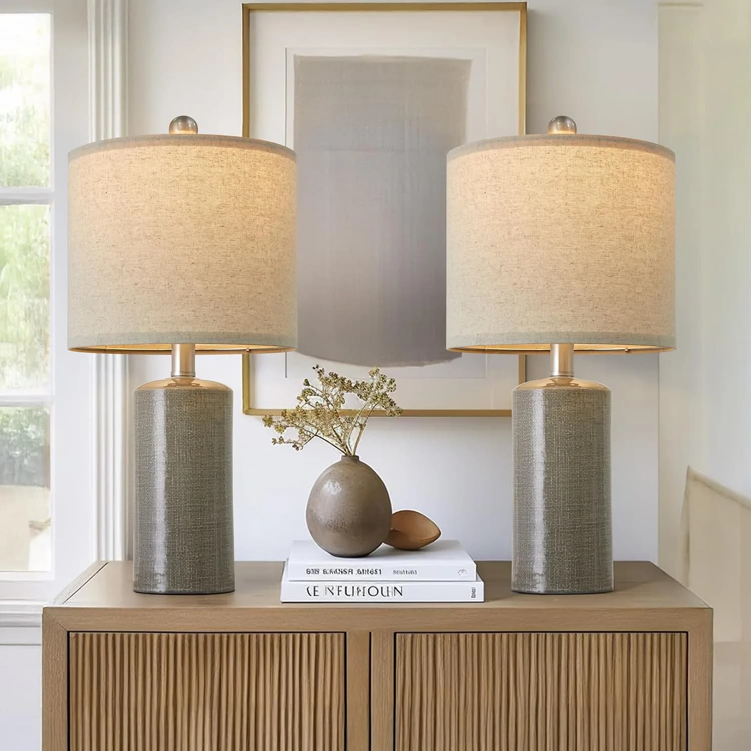 G-SAFAVA Grey Ceramic Table Lamps Set of 2, 20.25" (51.44 cm) | Modern Design for Living Room & Bedroom