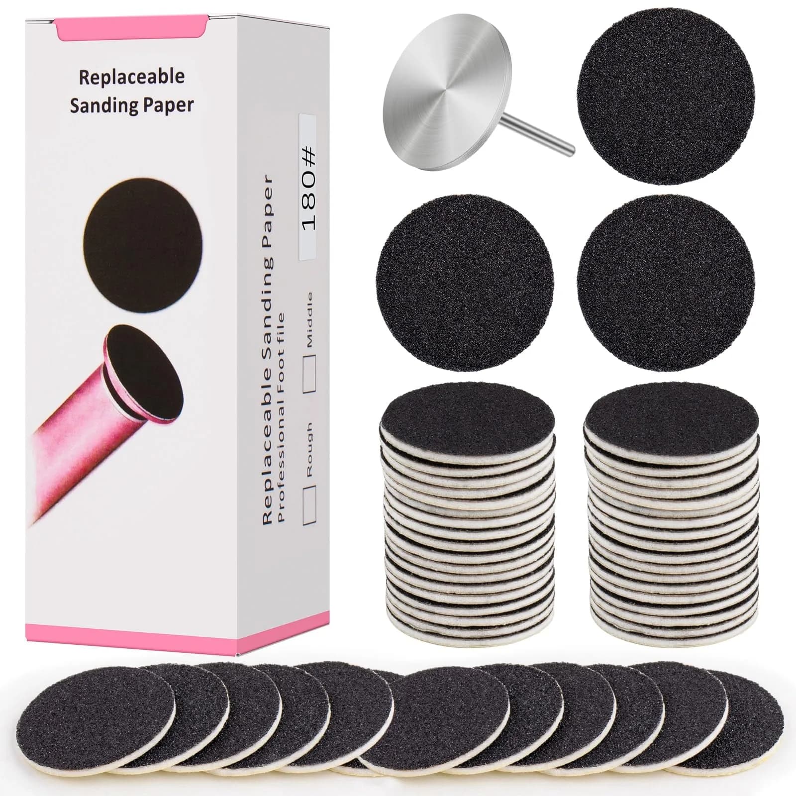 Difenni Metal Nail Drill Bit with Sandpaper Discs 25mm | 60-Piece Set for Manicure Pedicure — Black 180 Grit