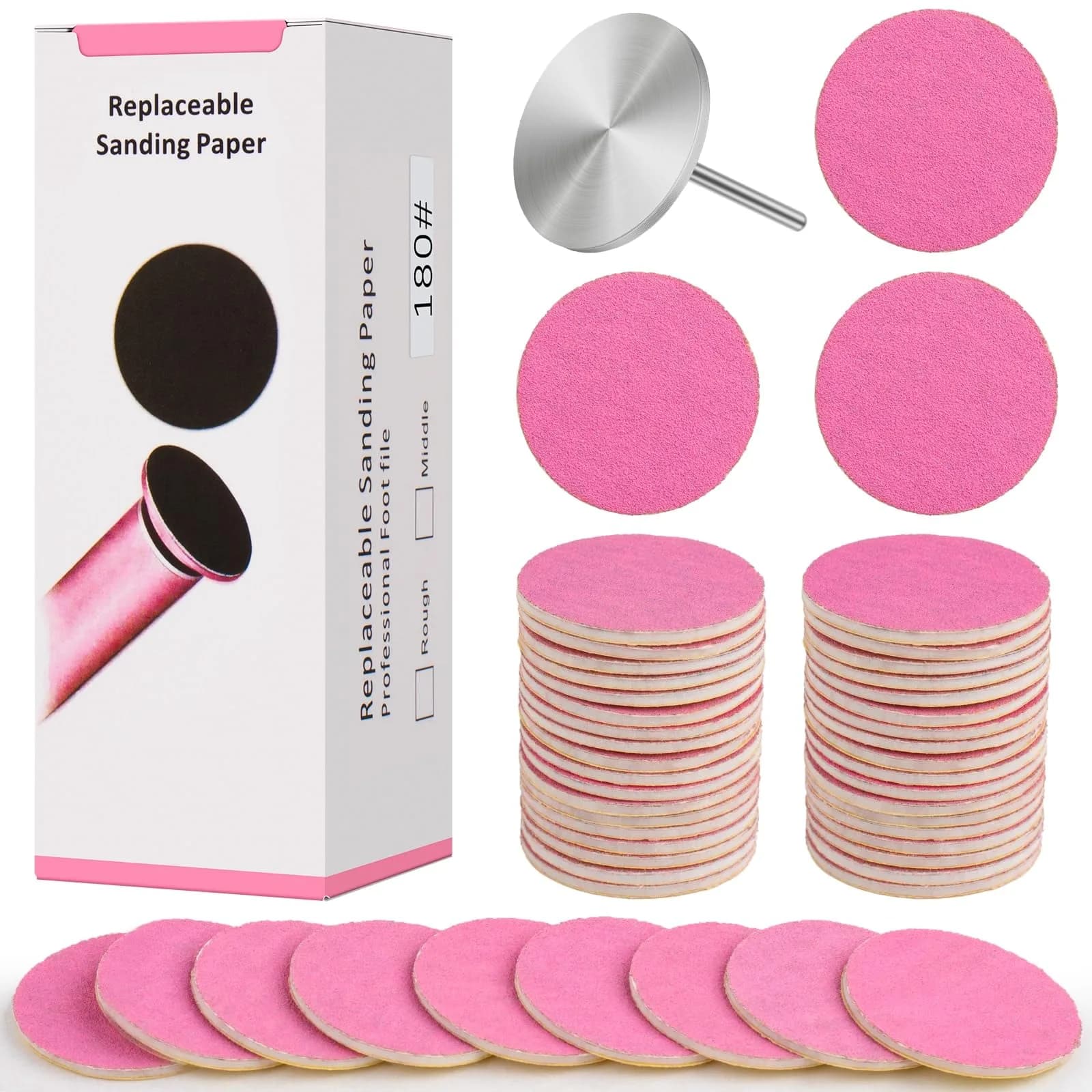 Difenni Metal Nail Drill Bit with Sandpaper Discs 25mm | 60-Piece Set for Manicure Pedicure — Pink 180 Grit
