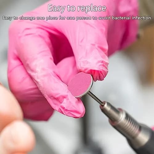 Difenni 100pcs Pink #180 Grit Sandpaper Discs with Metal Nail Drill Bit | 25mm (0.98 inch) thumbnail 3