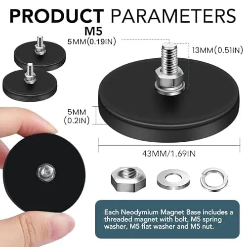 DIYMAG Rubber Coated Neodymium Magnets 1.69in (43mm) Diameter, 30lb Pull Force, 6-Pack | Heavy Duty Industrial Magnets with M5 Threaded Studs thumbnail 2