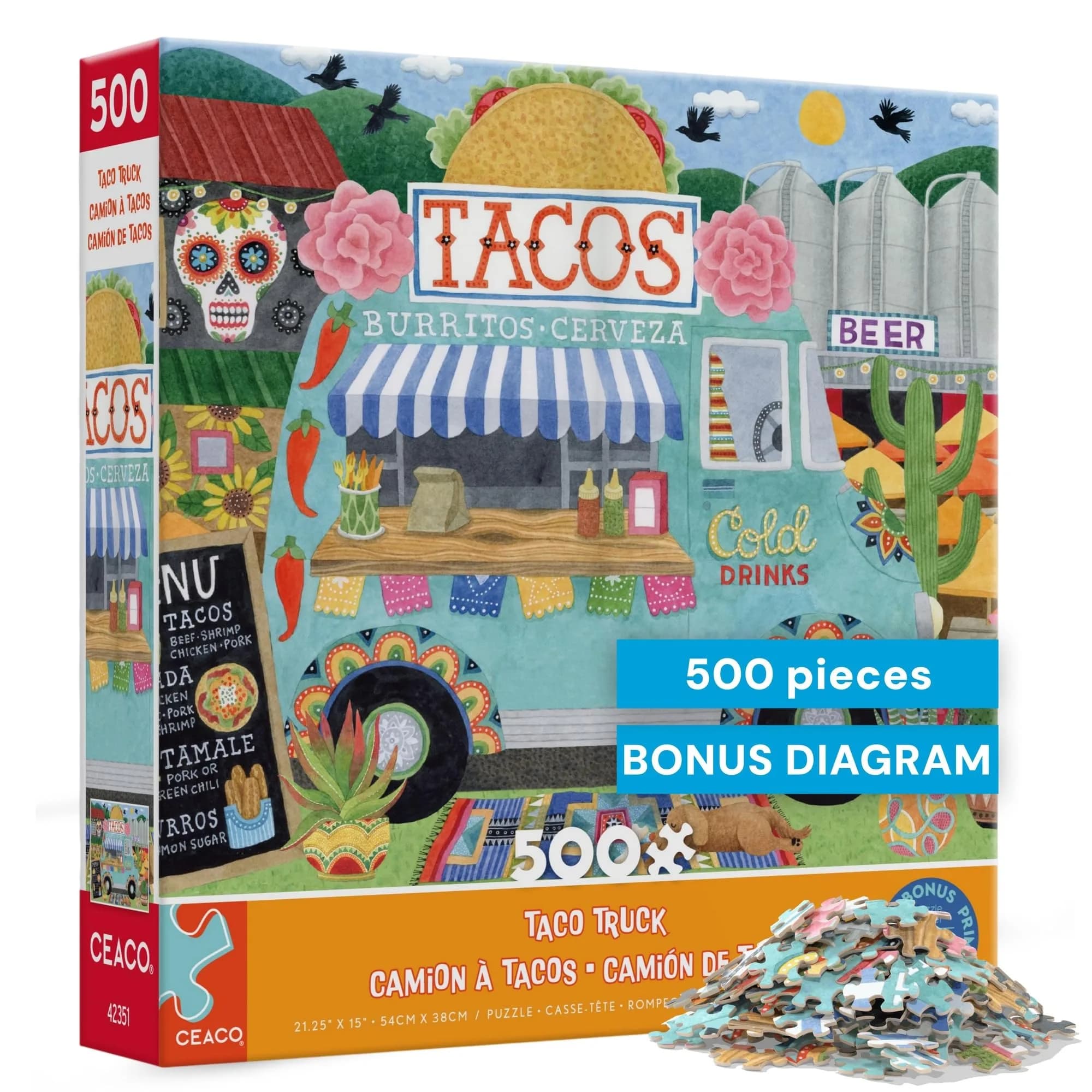 Ceaco Taco Truck 500 Piece Jigsaw Puzzle for Adults | Bright, Fiesta Scene, 19x19 in - main product image
