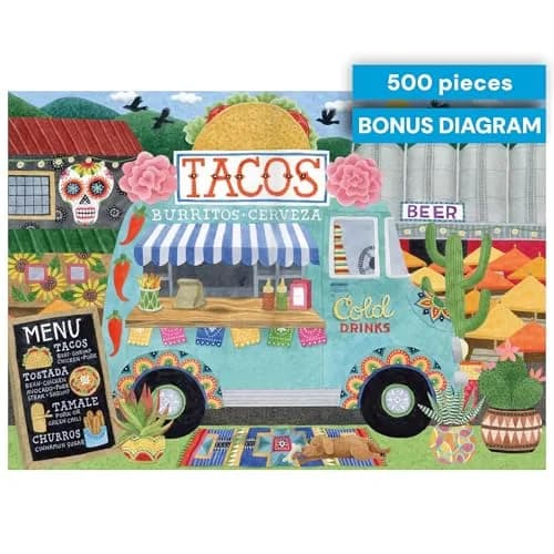 Ceaco Taco Truck 500 Piece Jigsaw Puzzle for Adults | Bright, Fiesta Scene, 19x19 in thumbnail 7