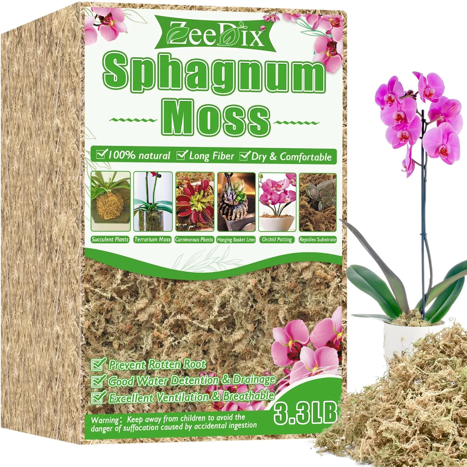 ZeeDix Premium Sphagnum Moss Bulk 2.2 lb (998g) | Natural Long Fiber for Plants & Reptiles — 3.3lbs plant moss