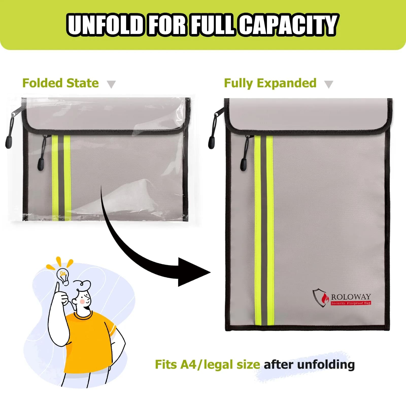 ROLOWAY Fireproof Document Bag (15.5 x 11.5 inch) with 2 Pockets and 5200℉ Aluminum Foil Layer, Fireproof Bag for Document Safe (Silver) thumbnail 5