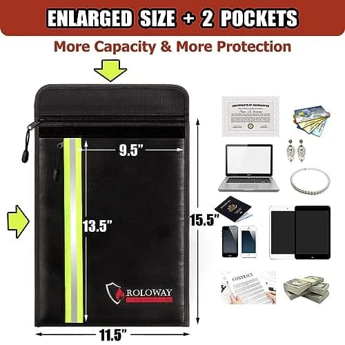 ROLOWAY Fireproof Document Bag (15.5 x 11.5 inch) with 2 Pockets and 5200°F Aluminum Foil Layer | Fireproof Safe for Valuables thumbnail 4