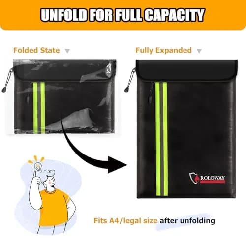 ROLOWAY Fireproof Document Bag (15.5 x 11.5 inch) with 2 Pockets and 5200°F Aluminum Foil Layer | Fireproof Safe for Valuables thumbnail 5