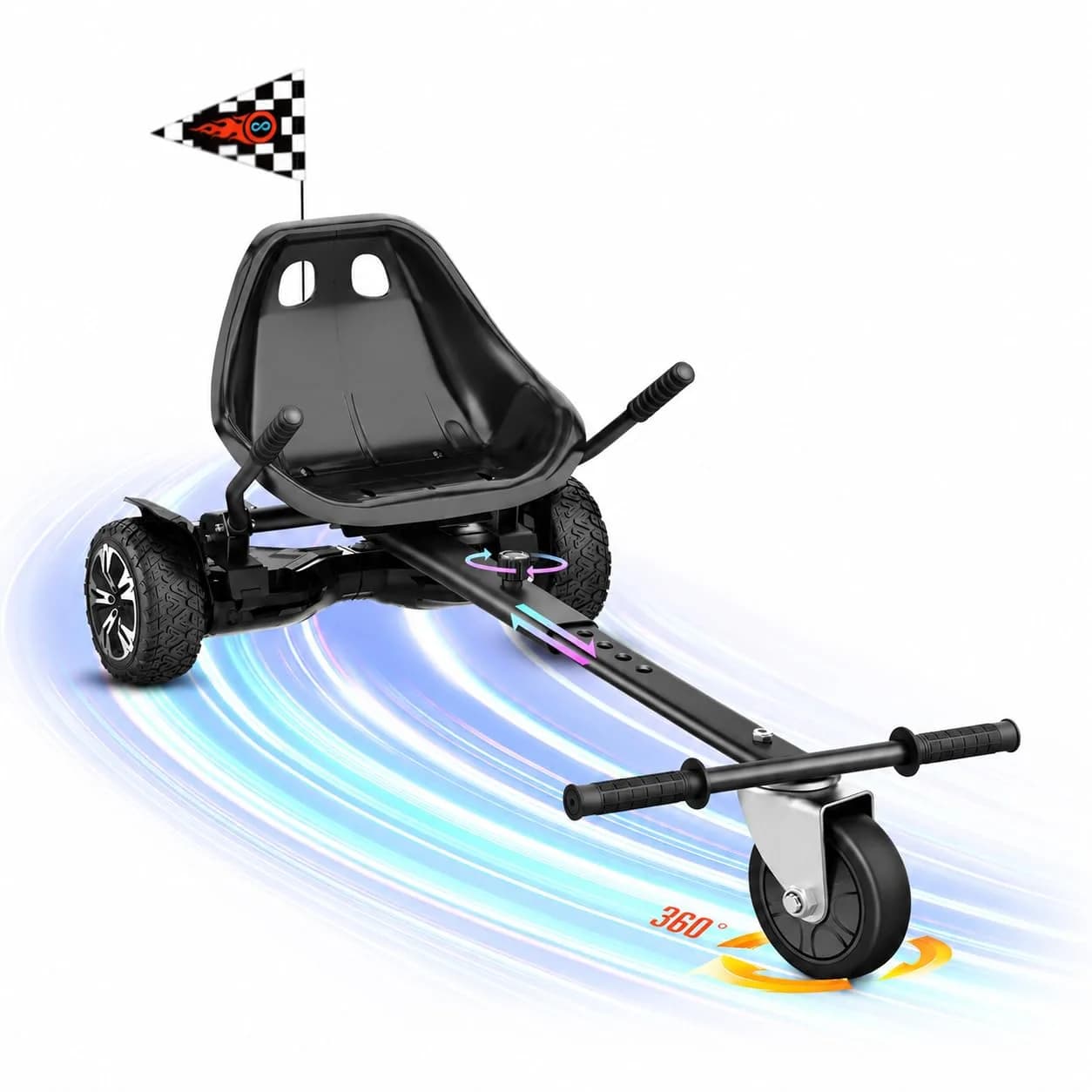 Gyroor K1 Hoverboard Go Kart Seat Attachment for 6.5"-10" Boards | Adjustable Frame, 360° Drift Control, Heavy-Duty Steel Frame, All-Terrain Rubber Wheel, For Kids & Adults — K1-Black
