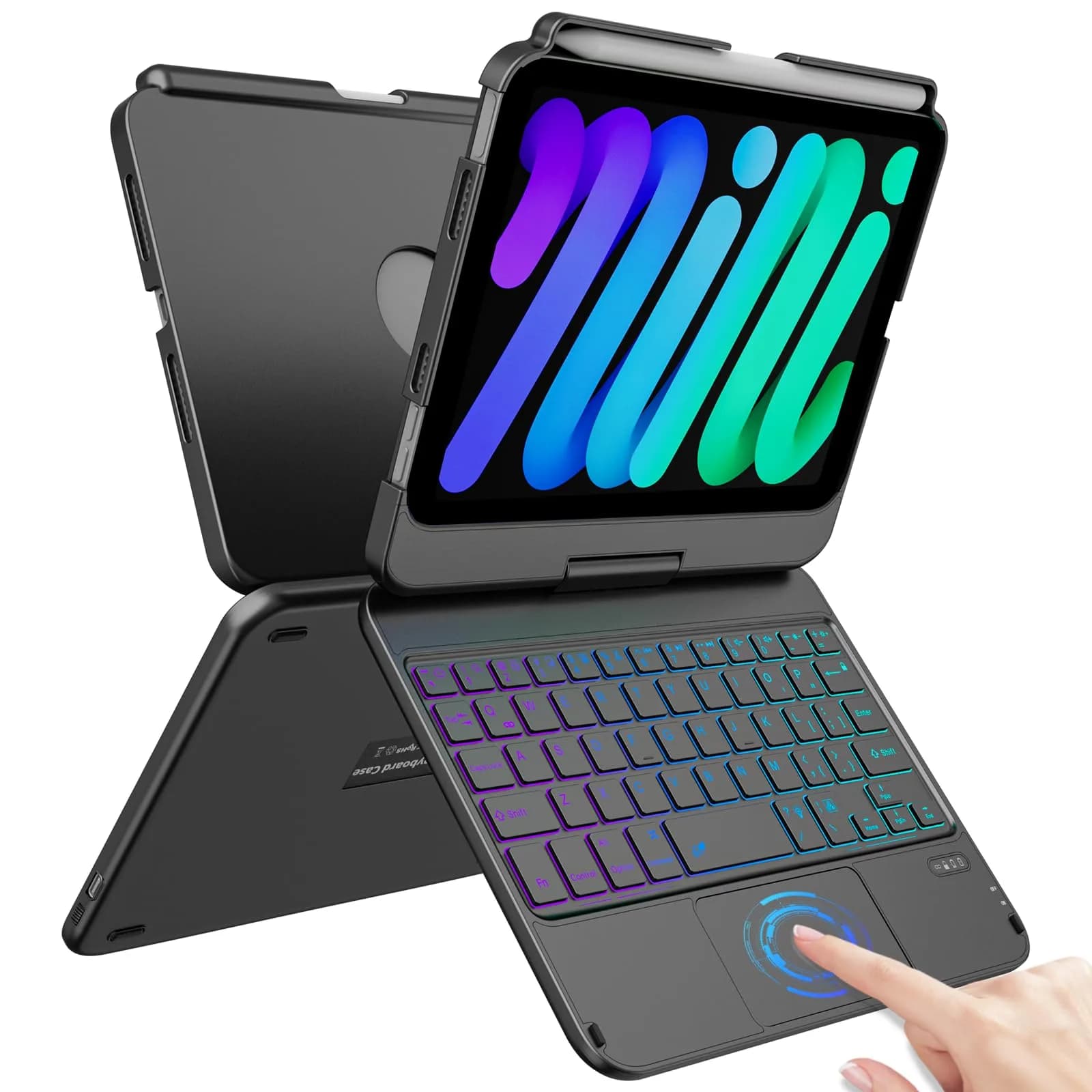 FUWANG Purple Keyboard Case for iPad mini 7/6 8.3-inch | 360° Rotating, Backlit, Trackpad — Black