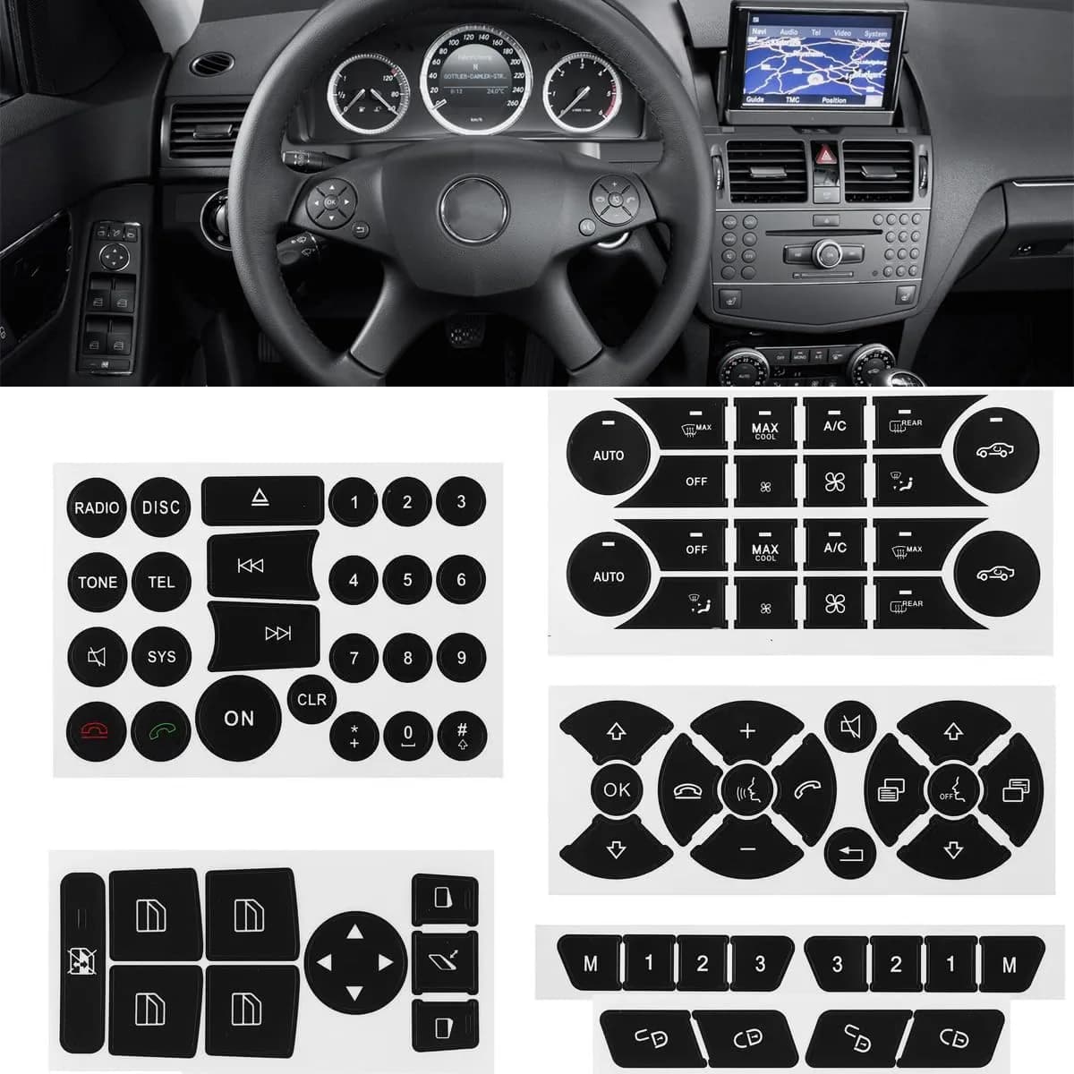 NPSNGSJY Car Button Sticker Fit for Mercedes Benz W204 C-Class 2008-2014 | Interior Decal for Steering & AC Buttons - main product image