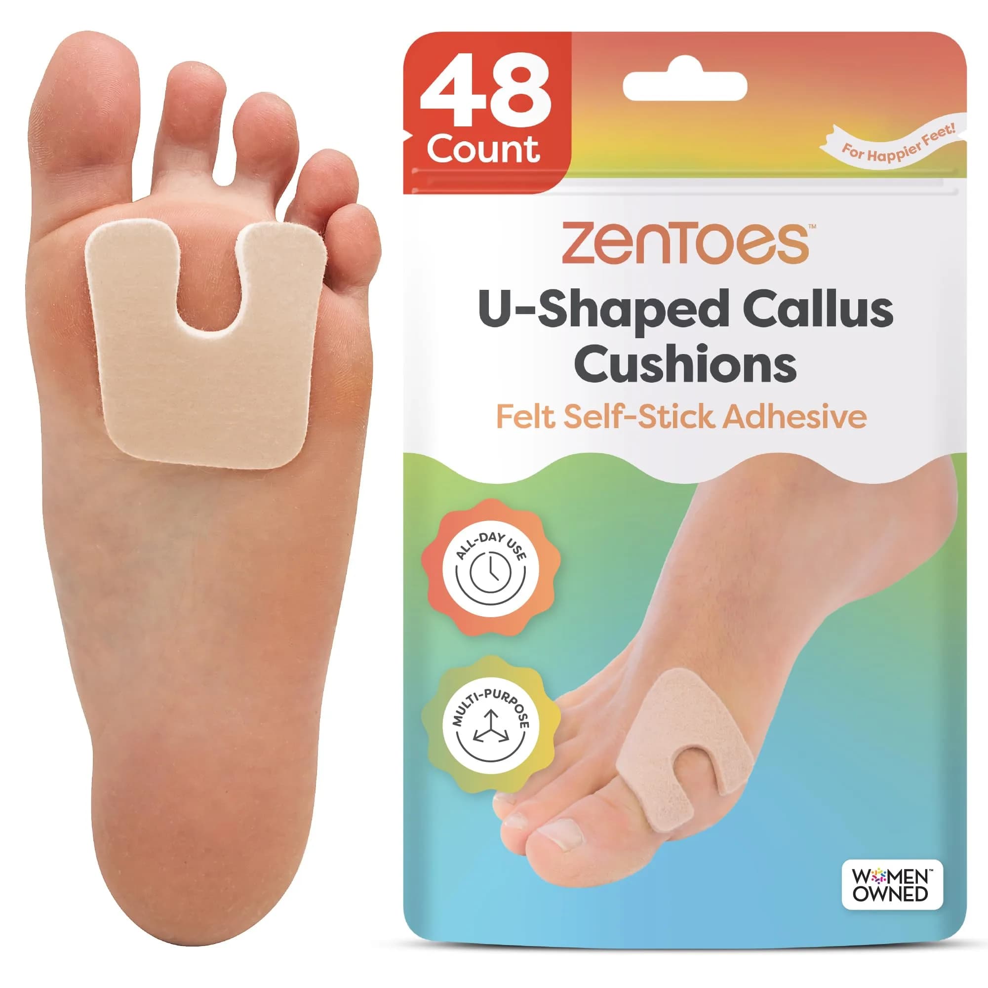 ZenToes U-Shaped Felt Callus Pads, 48 Count | Medical-Grade Felt Cushions for Foot Pain Relief
