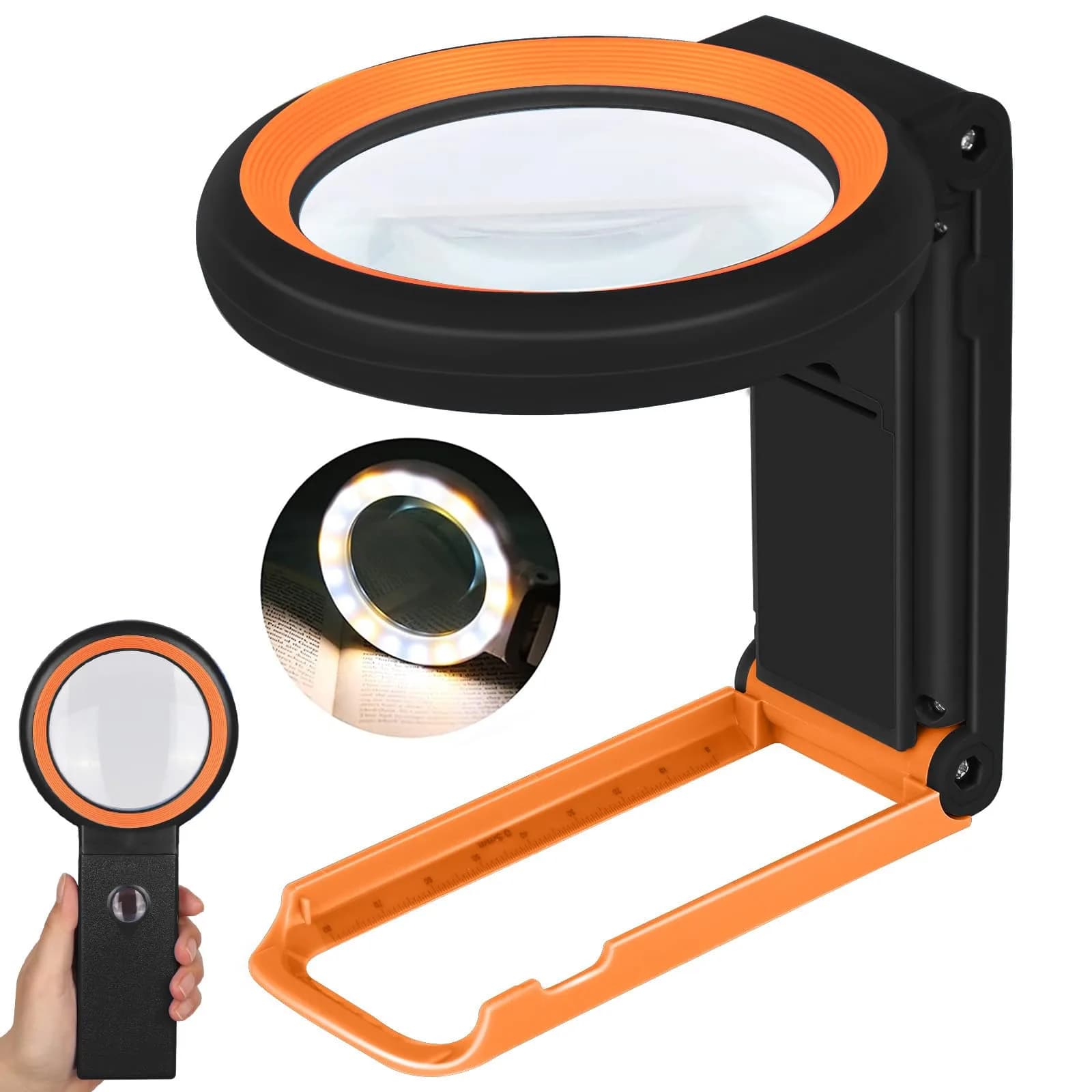 KIBTOY Black Magnifying Glass with Light and Stand, 3.2-inch Glass Lens (8.13 cm) | High Magnification for Seniors Reading