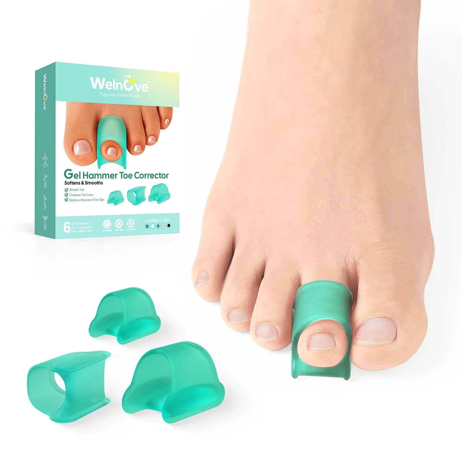 Welnove Hammertoe Corrector 6 Pack Toe Splints - Soft Gel Toe Straighteners for Bent, Curled, Crooked, Claw, Hammer Toes - 3 Different Sizes (Green) - main product image