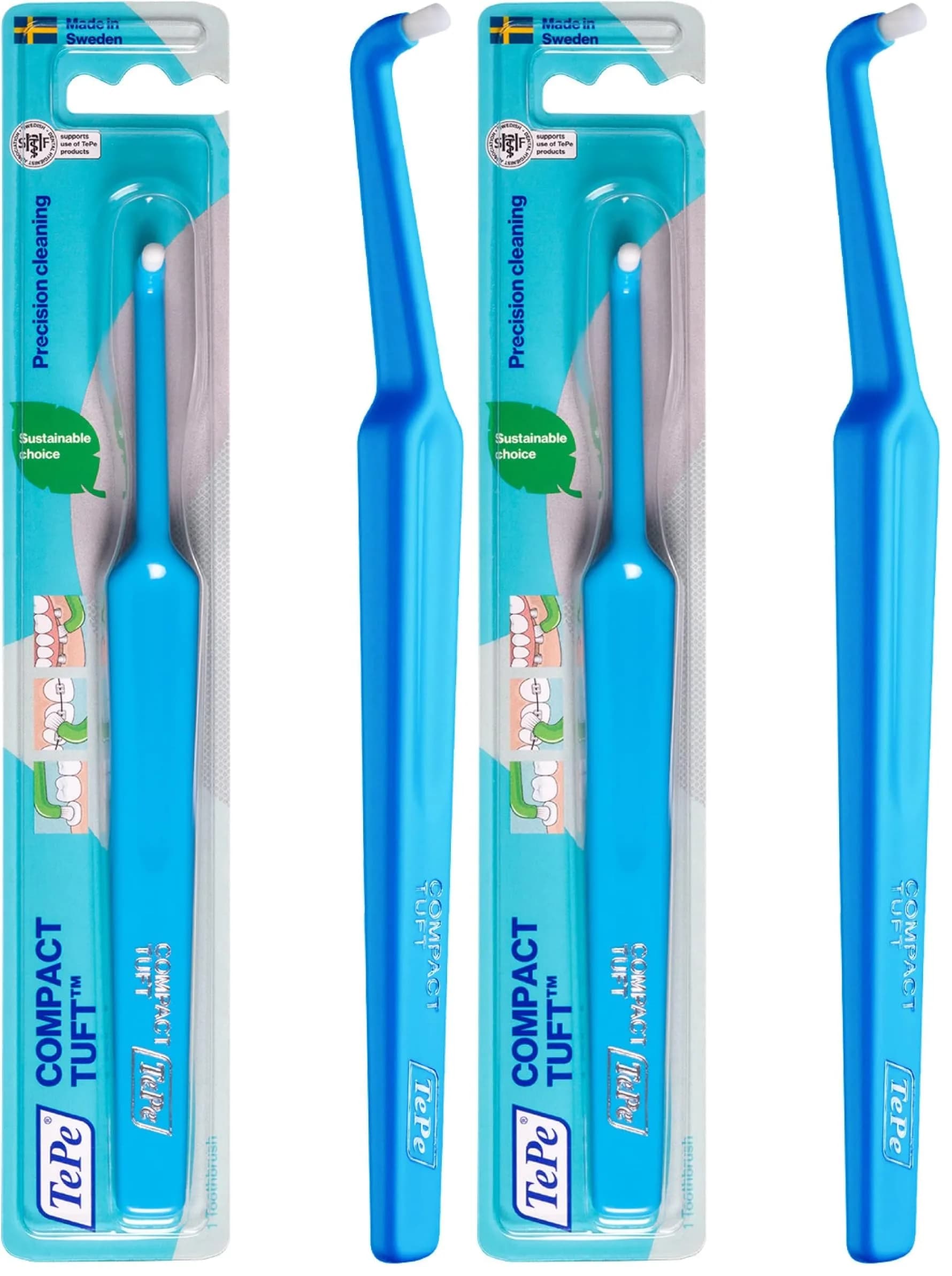 TePe Compact Tuft Toothbrush Single Tufted Brush End Orthodontic Toothbrush for Braces, Dental Implants, Denture Brush, Small Head, 2-Pack | Precision Cleaning for Hard-to-Reach Areas - main product image