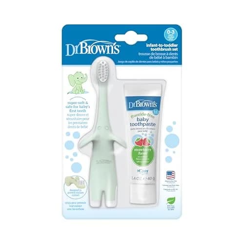 Dr. Brown's Infant-to-Toddler Toothbrush and Toothpaste Set, Mint Elephant | BPA-Free & Fluoride-Free Oral Care for Ages 0-3 thumbnail 1
