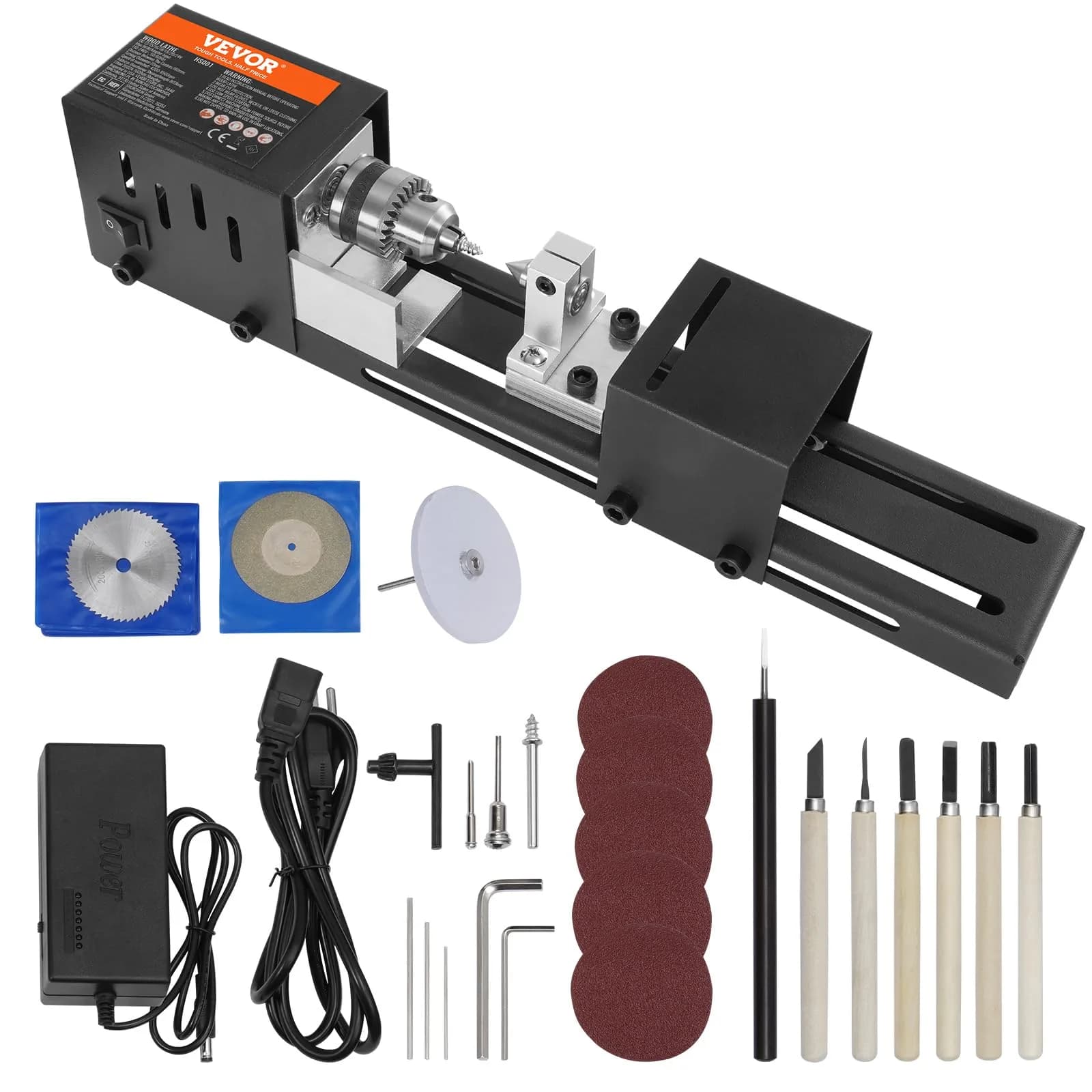 VEVOR Mini Lathe Machine 2.76 in x 6.3 in | 7 Speeds for DIY Woodworking, 96W, 24VDC, Portable & Stable (70-120c) - main product image
