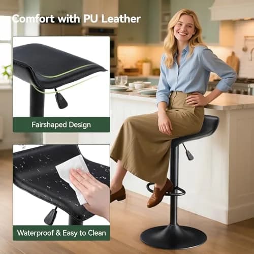 Vogue Furniture Direct PU Leather Adjustable Swivel Backless Bar Stools Set of 2 | Modern, 24-31.5 inch, Black thumbnail 5