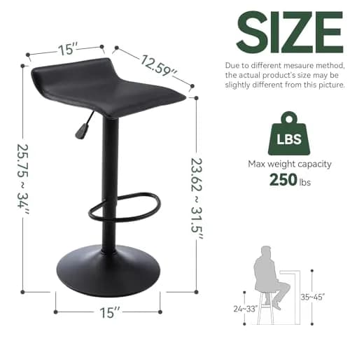 Vogue Furniture Direct PU Leather Adjustable Swivel Backless Bar Stools Set of 2 | Modern, 24-31.5 inch, Black thumbnail 6