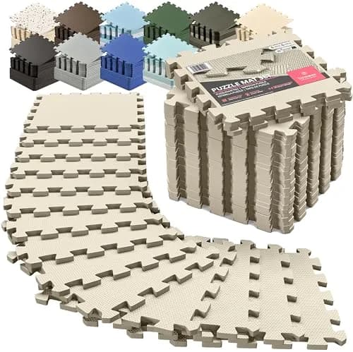 BeMaxx Interlocking EVA Foam Floor Tiles Workout Mat Set with Edge Pieces - 18 Tiles (18 sq ft), Warm Sand | Protects Floors from Scratches, Sweat & Noise thumbnail 1