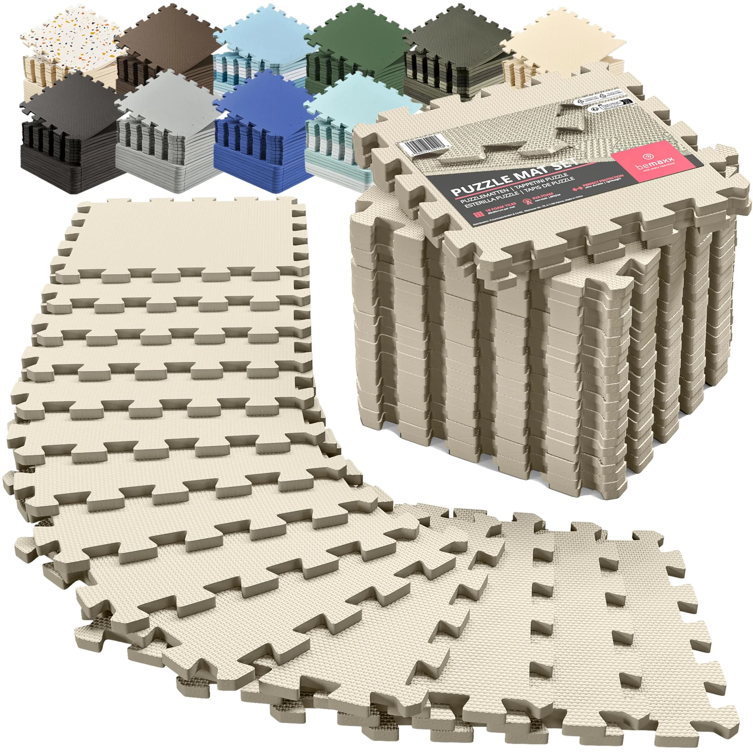 BeMaxx Interlocking EVA Foam Floor Tiles Workout Mat Set with Edge Pieces - 18 Tiles (18 sq ft), Warm Sand | Protects Floors from Scratches, Sweat & Noise