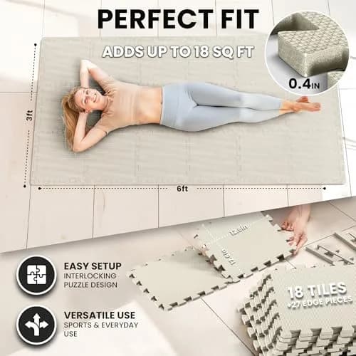 BeMaxx Interlocking EVA Foam Floor Tiles Workout Mat Set with Edge Pieces - 18 Tiles (18 sq ft), Warm Sand | Protects Floors from Scratches, Sweat & Noise thumbnail 2
