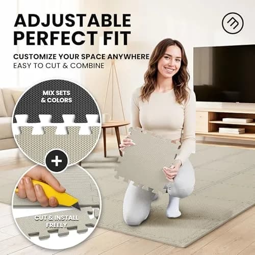 BeMaxx Interlocking EVA Foam Floor Tiles Workout Mat Set with Edge Pieces - 18 Tiles (18 sq ft), Warm Sand | Protects Floors from Scratches, Sweat & Noise thumbnail 4