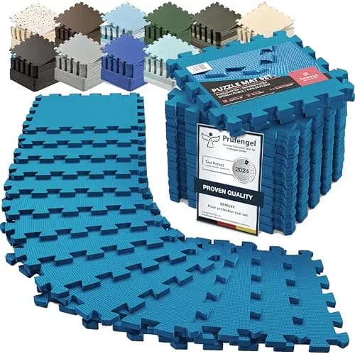 BeMaxx Interlocking EVA Foam Floor Tiles Workout Mat Set with Edge Pieces - 18 Tiles, 18 sq ft, Sky Blue | Protects Floors from Scratches, Noise & Sweat thumbnail 1