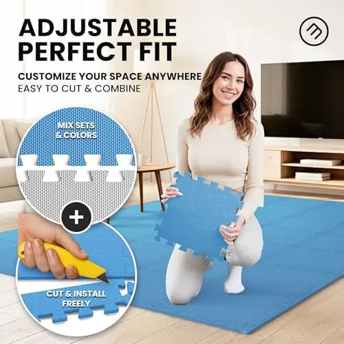 BeMaxx Interlocking EVA Foam Floor Tiles Workout Mat Set with Edge Pieces - 18 Tiles, 18 sq ft, Sky Blue | Protects Floors from Scratches, Noise & Sweat thumbnail 4