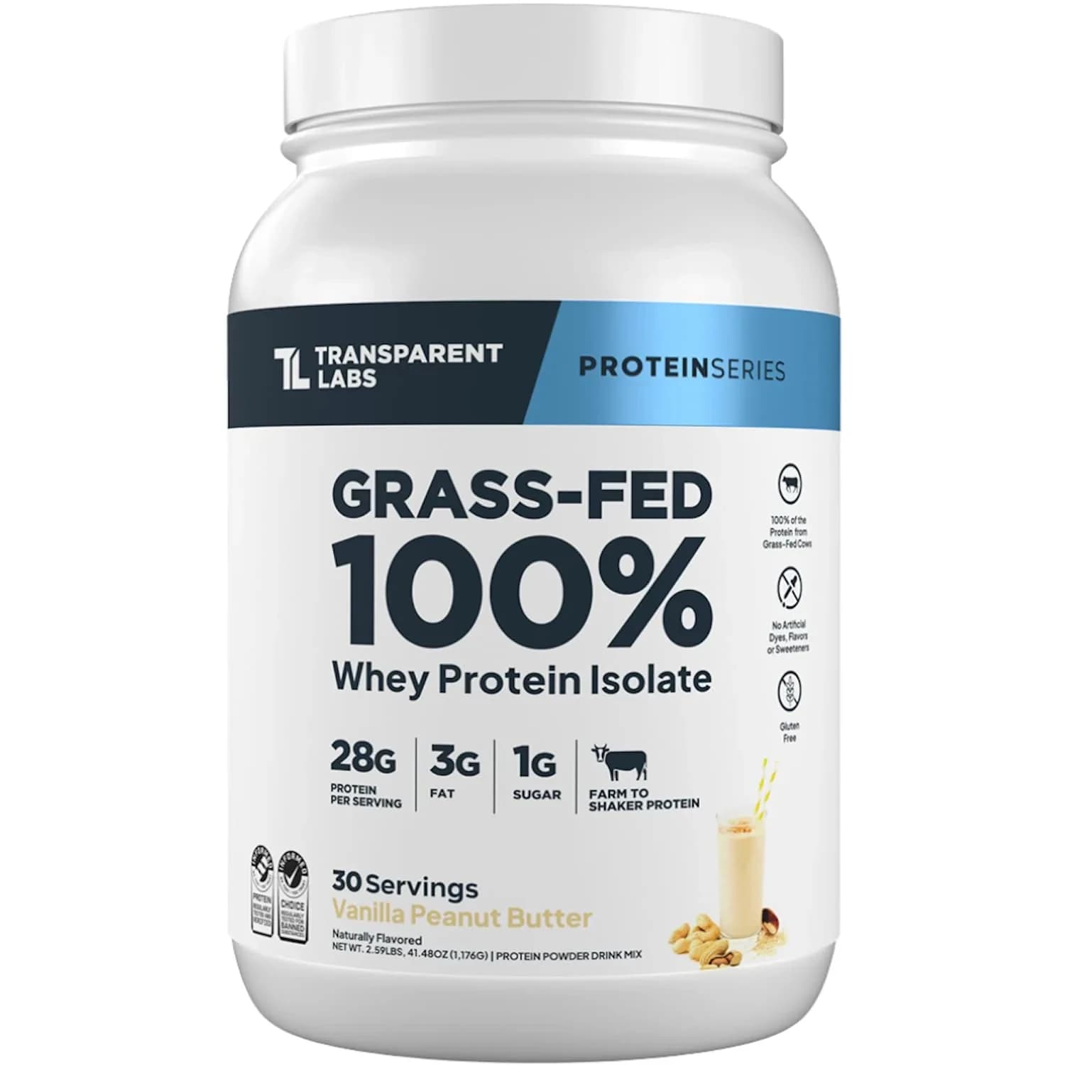 Transparent Labs Grass-Fed Whey Protein Isolate Oatmeal Chocolate Chip Cookie 1.04 kg (36.5 oz) | 28g Protein Per Serving — Vanilla Peanut Butter